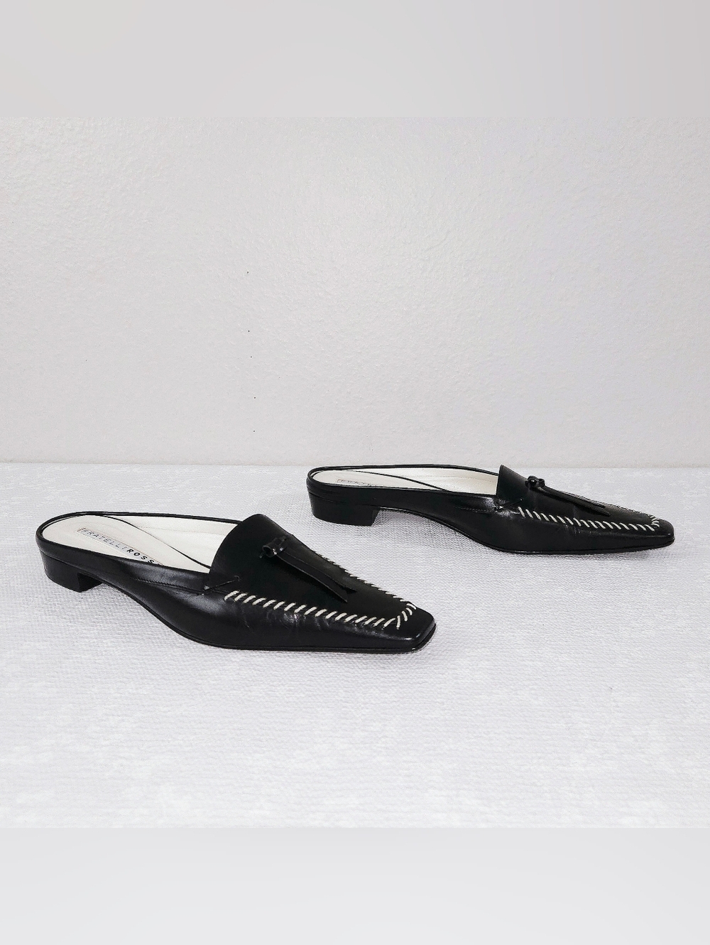 Fratelli Rossetti Mules Slip-On Black Leather Square Toe Low Heels ITALY